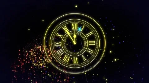 Animation of clock showing midnight and fireworks exploding on black background Stock Footage 257074879