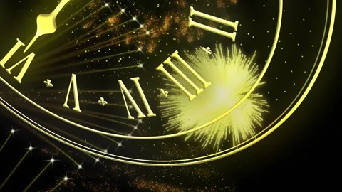 Animation of clock showing midnight and fireworks exploding on black background 库存影片 312364501