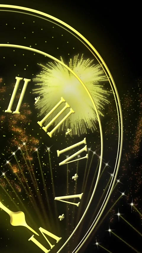 Animation of clock showing midnight and fireworks exploding on black background 库存影片 323783493