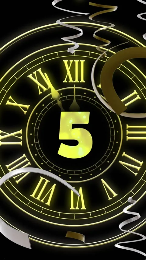 Animation of clock showing midnight and party streamers on black background Vídeo Stock 343713358