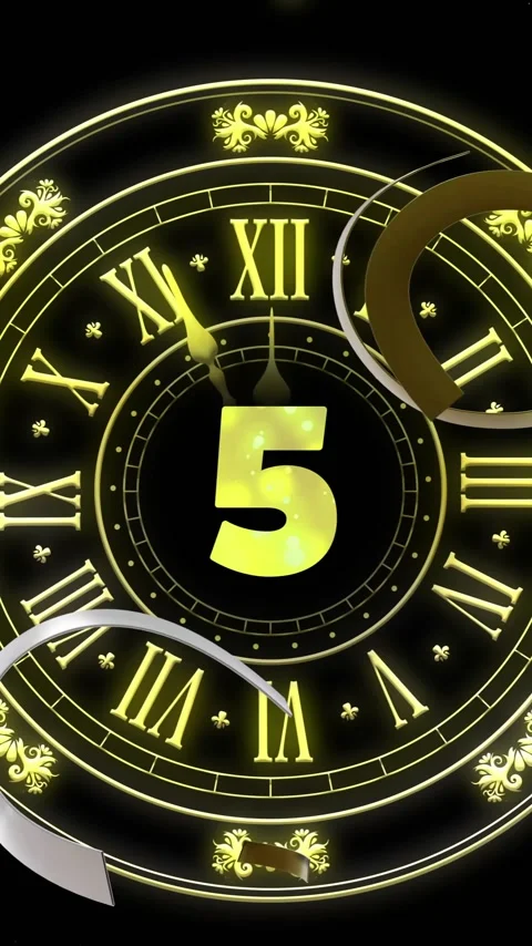 Animation of clock showing midnight and gold and silver balloons on black Vídeo Stock 343713362