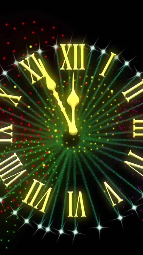 Animation of clock showing midnight and fireworks exploding on black background Vídeos de archivo 343713387