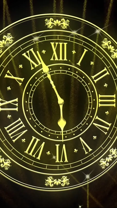 Animation of clock showing midnight and fireworks exploding on black background 動画素材 343713391
