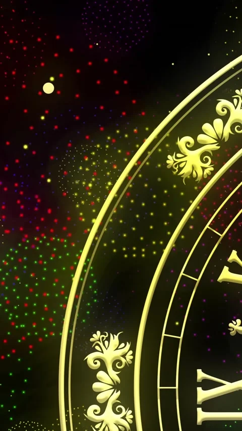 Animation of clock showing midnight and fireworks exploding on black background 動画素材 343713401