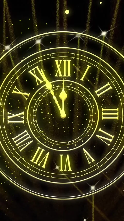 Animation of clock showing midnight and fireworks exploding on black background Vídeos de archivo 343713403