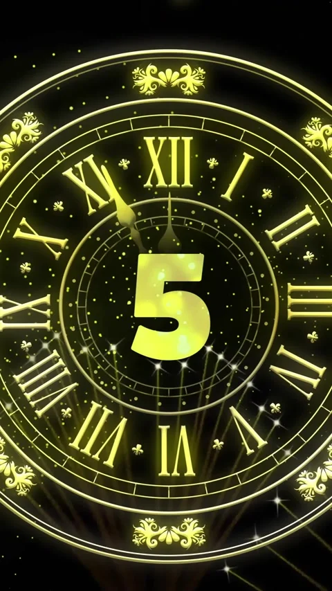 Animation of clock showing midnight and fireworks exploding on black background Video stock 343713431