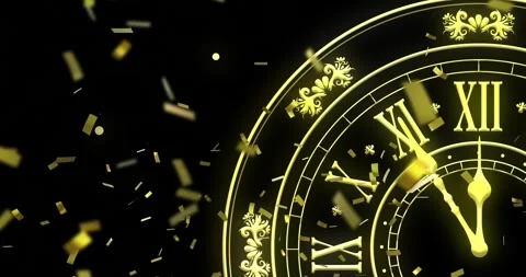 Animation of clock showing midnight, confetti and fireworks exploding on black 库存影片 257074904