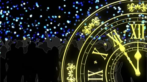 Animation of clock showing midnight, people dancing and fireworks exploding on 库存影片 257074884