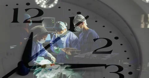 Animation of clock ticking over diverse surgeons in operating theatre Video stock 247122767