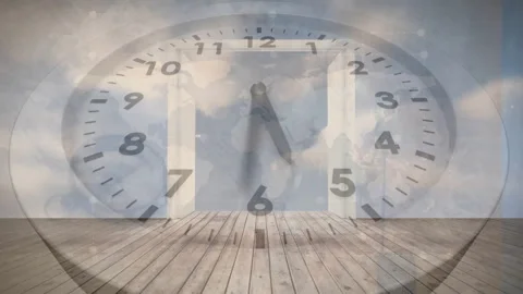 Animation of clock ticking over door opening onto clouds in sky Video stock 265565368