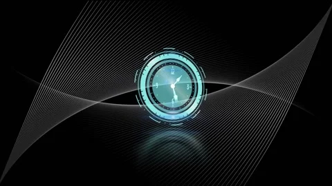 Animation of clock with turning hands and white parallel curved lines on black Stock Footage 157347345