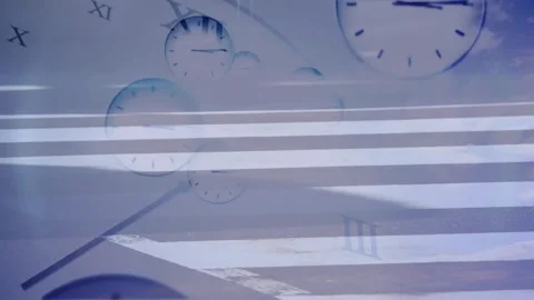 Animation of clocks moving fast over people walking in fast pace on zebra Stock Footage 257202225