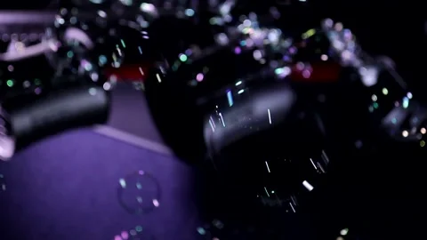 Animation close up autofocus shot of soap bubbles moving flying in air chaotical Stock Footage 138774026