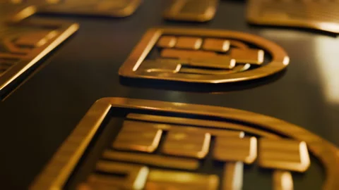 Animation with close-up bitcoin cryptocurrency and digital blockchain background Video stock 300396698