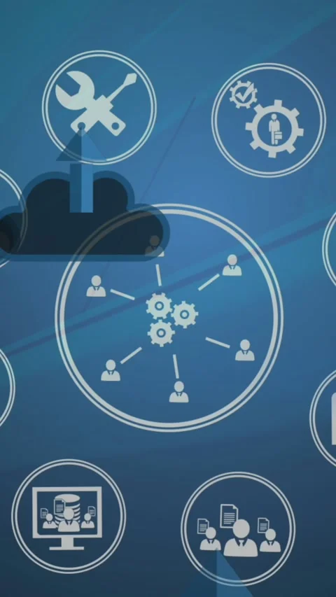 Animation of cloud and arrows over digital icons spinning on blue background Stock Footage 331643430