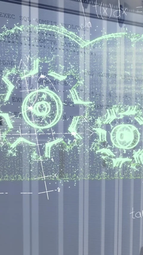 Animation of cloud and cog wheels with mathematics formulas over data servers in Stock Footage 344723271