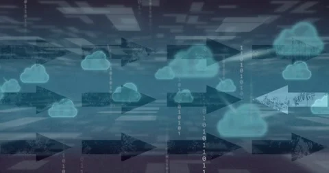 Animation of cloud, arrows and binary data over dark blue background Stock Footage 328811750