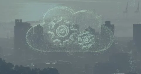 Animation of cloud with cogs and data processing over cityscape Stock Footage 329854508