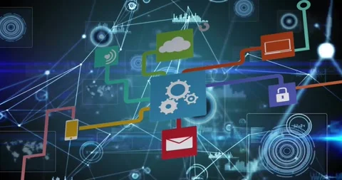 Animation of cloud, cogs and icons over network of connections on dark Stock Footage 328928261