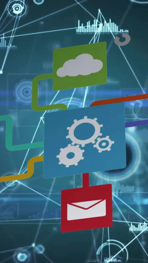 Animation of cloud, cogs and icons over network of connections on dark Stock-Footage 344011751