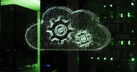 Animation of cloud with cogs icons over server room Stock Footage 329408096