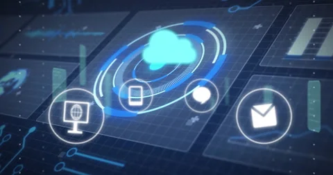 Animation of cloud computing and data synchronization icons on digital interface Video stock 306200988