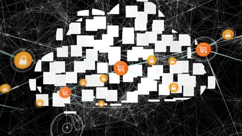 Animation of cloud computing and security over interconnected network lines Stock Footage 303793093