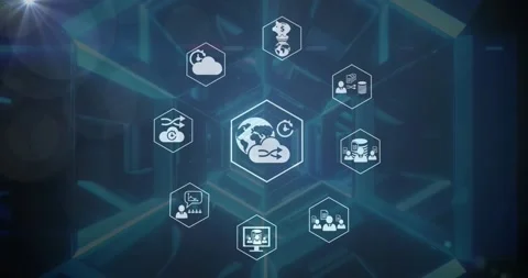 Animation of cloud computing, business and finance icons in hexagon shapes Stock Footage 328240219
