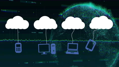 Animation of cloud computing with connected devices over digital globe Stock Footage 303608982