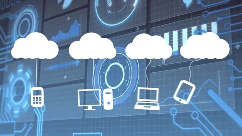 Animation of cloud computing icons with blue technology graphics on digital Stock Footage 303555727