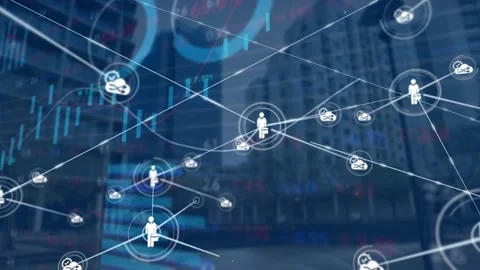 Animation of cloud computing icons connecting with lines against graphs and Stock Footage 202333171