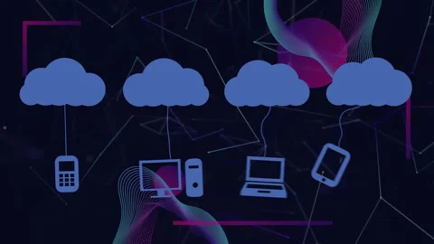Animation of cloud computing icons connecting to devices over abstract Stock Footage 306199728