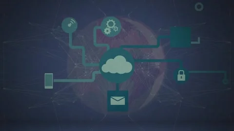 Animation of cloud computing icons with connecting dots sphere on digital Stock Footage 326875026