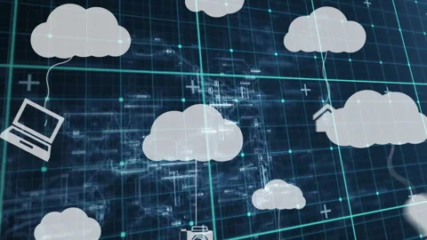 Animation of cloud computing icons with digital connections on blue grid Video stock 303869677