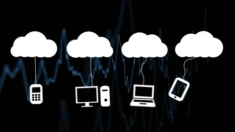 Animation of cloud computing icons with electronic devices on digital data Stock Footage 327899730