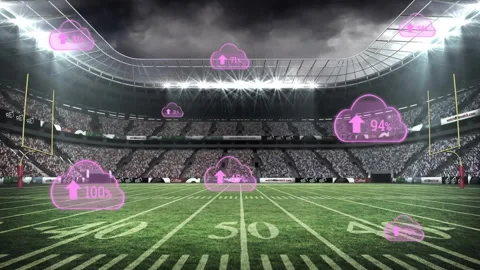 Animation of cloud computing icons floating over stadium with dramatic sky Stock Footage 303947479