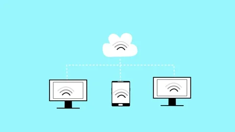 Animation of cloud computing with multiple devices connected to a cloud icon Stock Footage 325244131