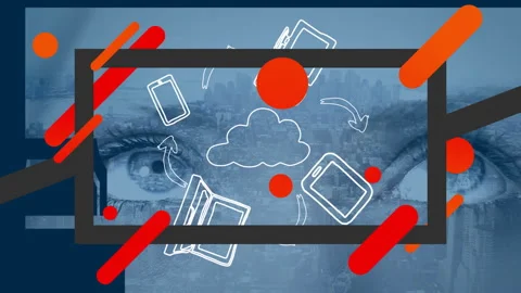 Animation of cloud computing symbols and arrows over cityscape with human eyes Video stock 305030543