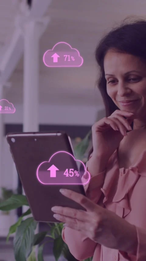 Animation of cloud data processing over businesswoman in office Stock Footage 341918665