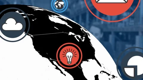 Animation of cloud, data transfer and communication icons over globe and worker Stock Footage 329971187