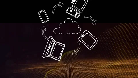 Animation of cloud in flow chart with icons and digital waves against black Stock Footage 329849982