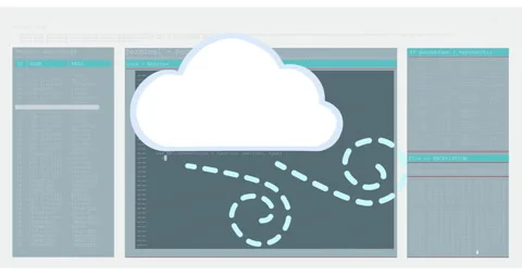Animation of cloud icon with dotted path on computer terminal interface with Stock Footage 304768359