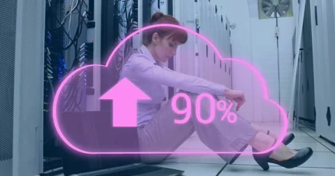 Animation of cloud icon with growing number over caucasian woman in server room Video stock 325962343