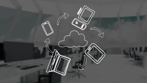 Animation of cloud icon with rotating network of media devices over empty office Stock Footage 329692782