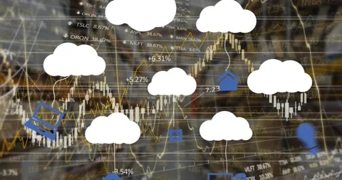 Animation of cloud icons and data processing over warehouse Stock Footage 326763947
