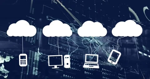 Animation of cloud icons and data processing over world map on black background Stock Footage 328709538