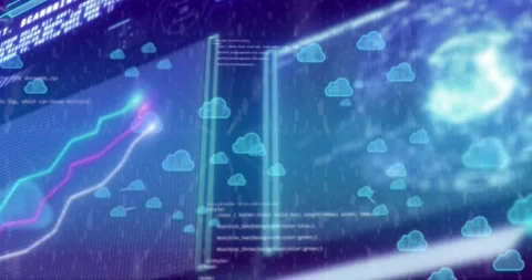 Animation of cloud icons and data processing over screens Stock Footage 329356537