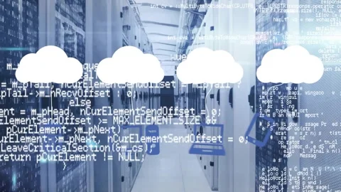 Animation of cloud icons and data processing over computer servers Stock Footage 329422806