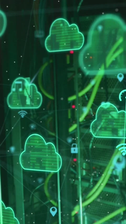 Animation of cloud icons and data processing over computer servers Stock Footage 342609203