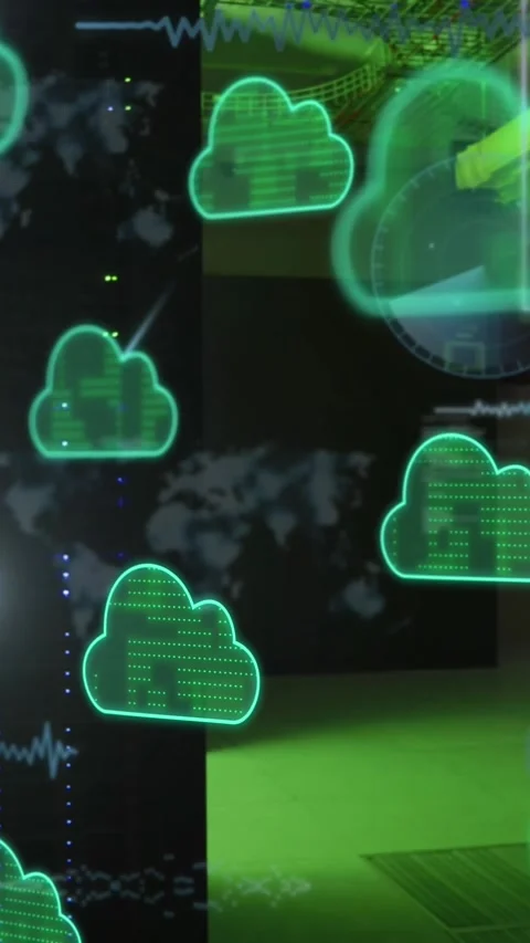 Animation of cloud icons and data processing over computer servers Stock Footage 342643189